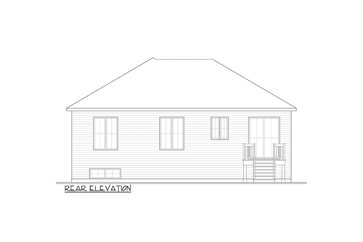 Rear elevation drawing of a house plan showing three windows, a sliding glass door with deck access, and a hip roof.