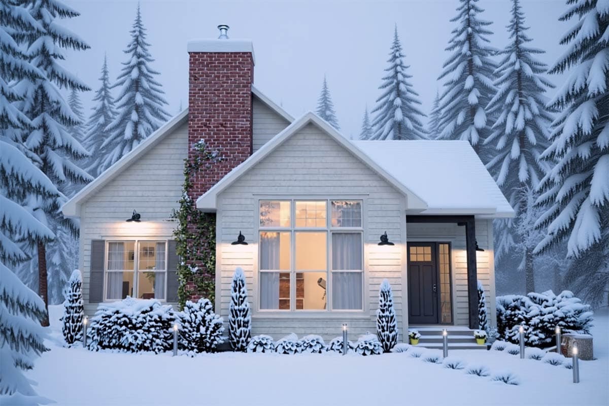 A snow-covered house with a brick chimney is surrounded by evergreen trees in winter. Exterior lights illuminate the front door and windows.