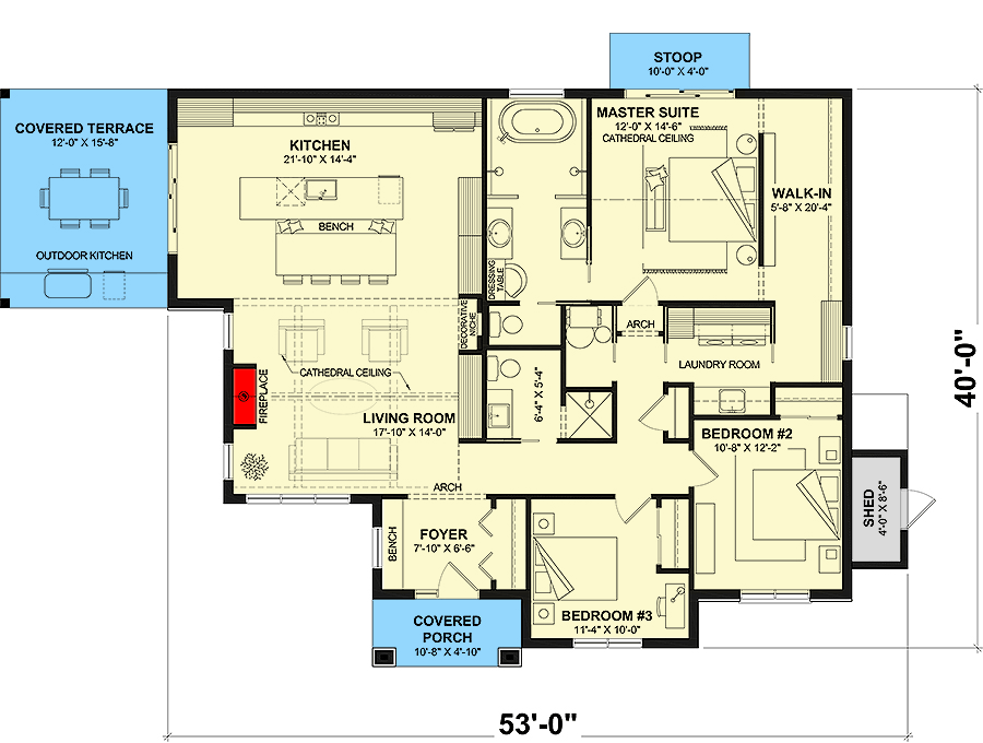 Plan 22712DR: Modern Transitional Ranch House Plan with 3 Beds and Outdoor Kitchen - Floor Plan - Main Level - Contemporary, European, Ranch, Transitional