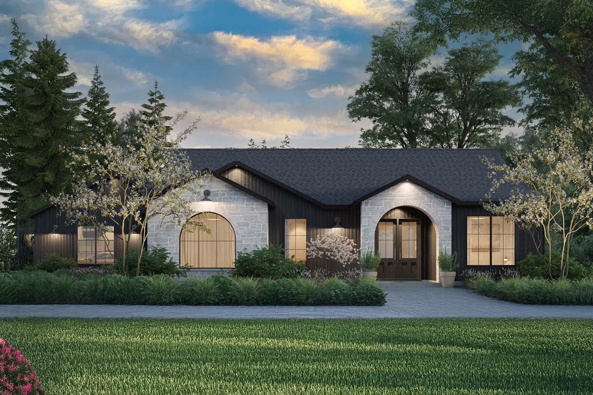 House plan exterior. Single-story design with arched entryways, dark roof, and stone facade accents. Black siding and large windows.
