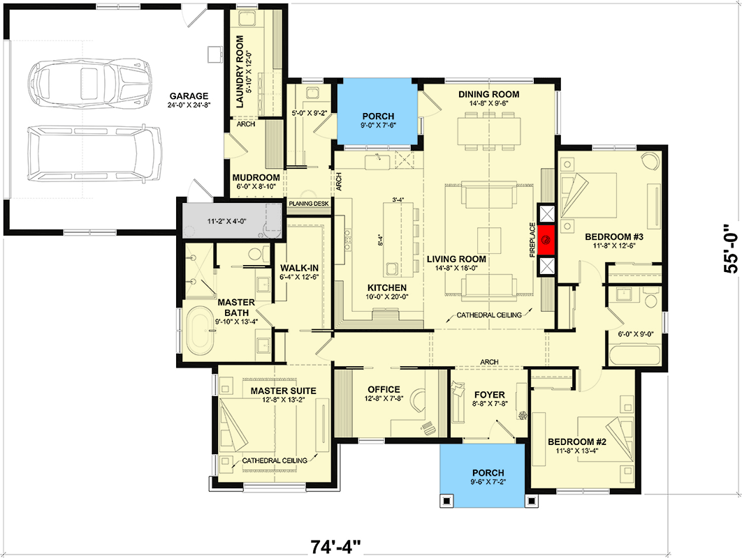 Plan 22713DR: Elegant Contemporary Modern House Plan with Home Office and Split Bedrooms - Floor Plan - Main Level - Contemporary, Modern