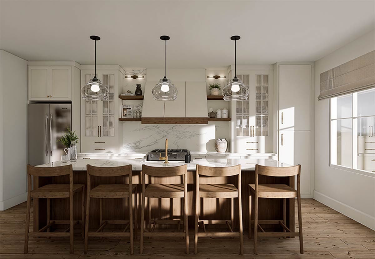 Interior rendering of a kitchen with a large island, bar seating, marble backsplash, stainless steel refrigerator, and pendant lighting.