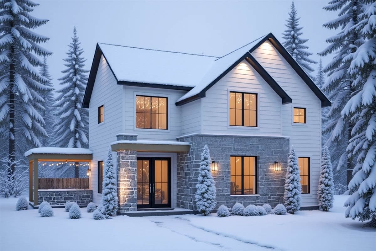 A two-story white house with a stone facade sits in a snowy landscape surrounded by evergreen trees. Soft lights glow in the windows.