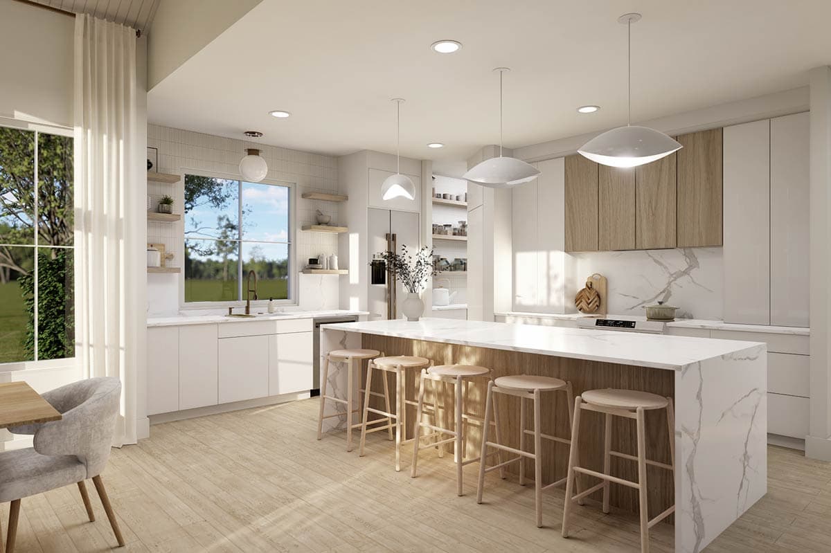 A modern kitchen with a large island and bar stools. The space is bright with white cabinetry and marble countertops, with light wood accents.