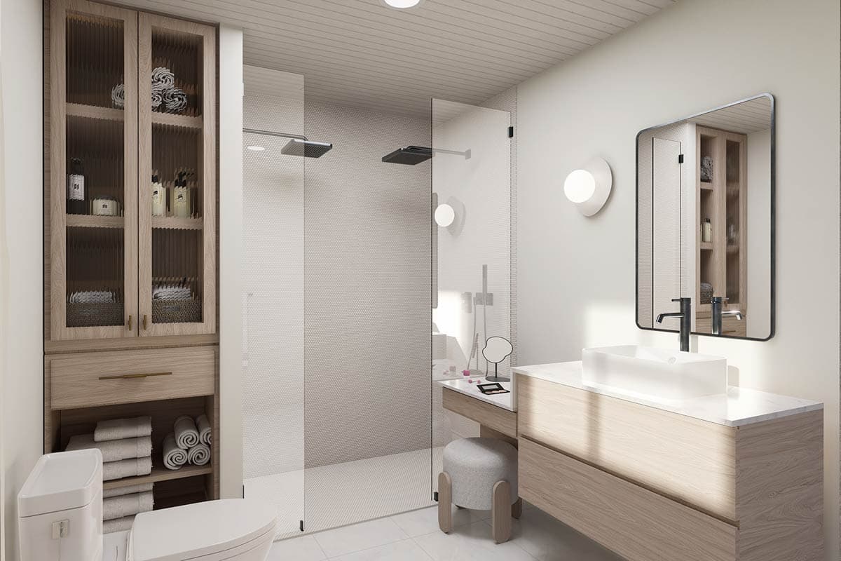 A modern bathroom features a glass shower, wooden vanity with a square sink, and a large mirror reflecting a storage cabinet with towels.