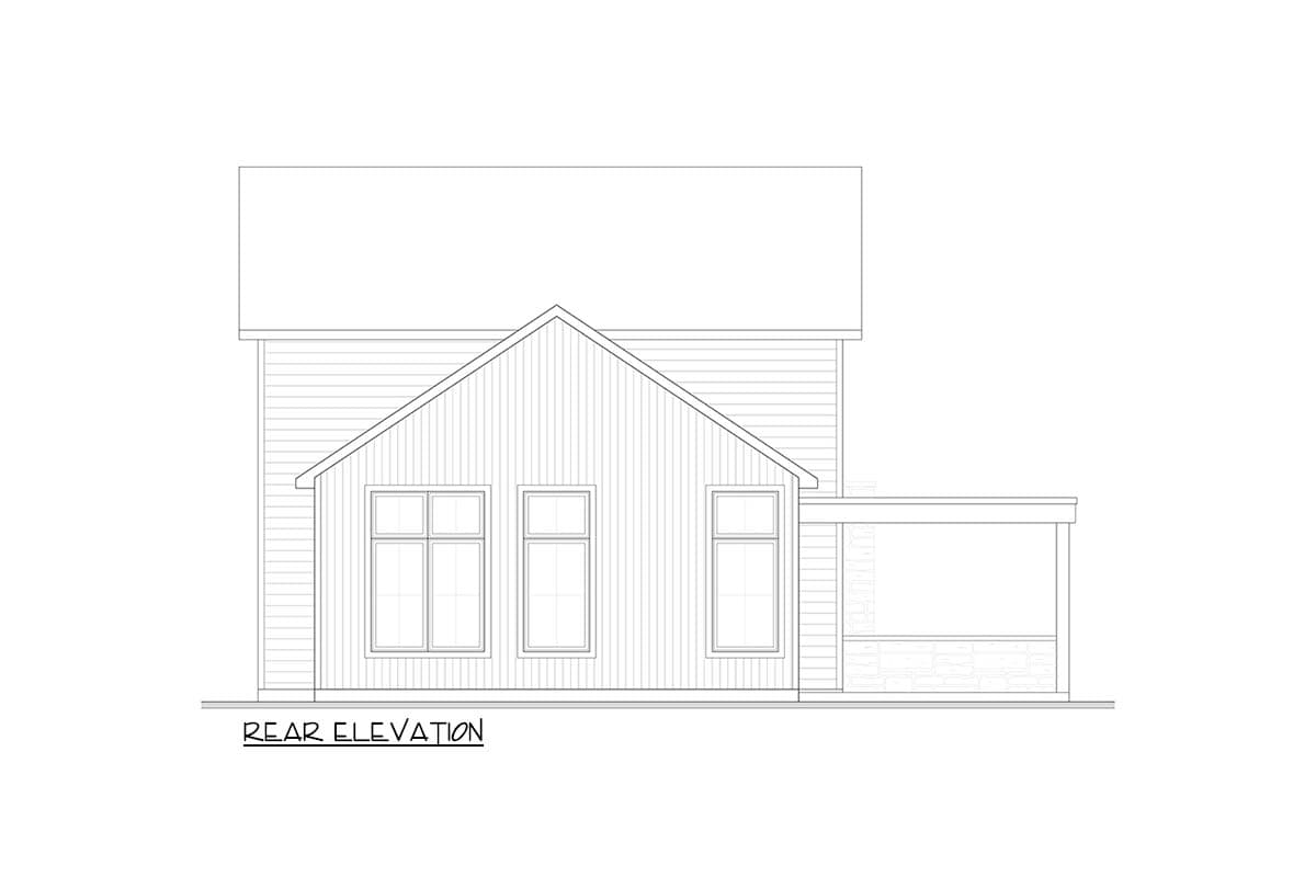 Line drawing of the rear elevation of a house, featuring a gabled section with three windows, and a rectangular porch on the side.