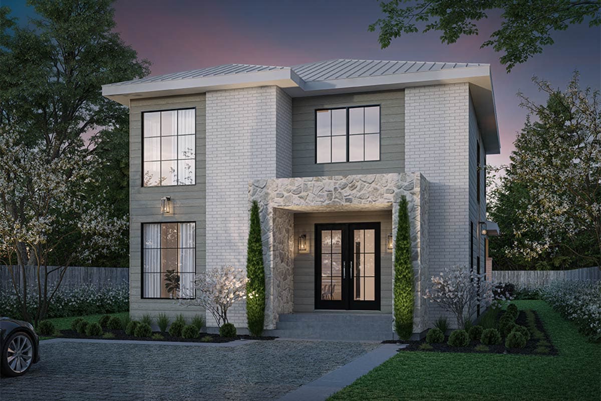 House plan exterior with two stories. Features include a stone-clad entry, flat roof, and large windows. The facade has brick and siding.