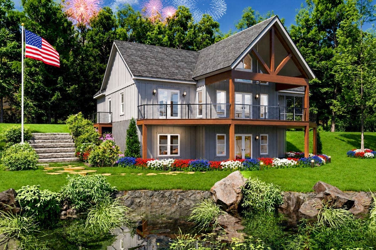 House plan exterior: Modern Farmhouse style, two stories, upper and lower balconies, exposed wooden beams on upper gable.