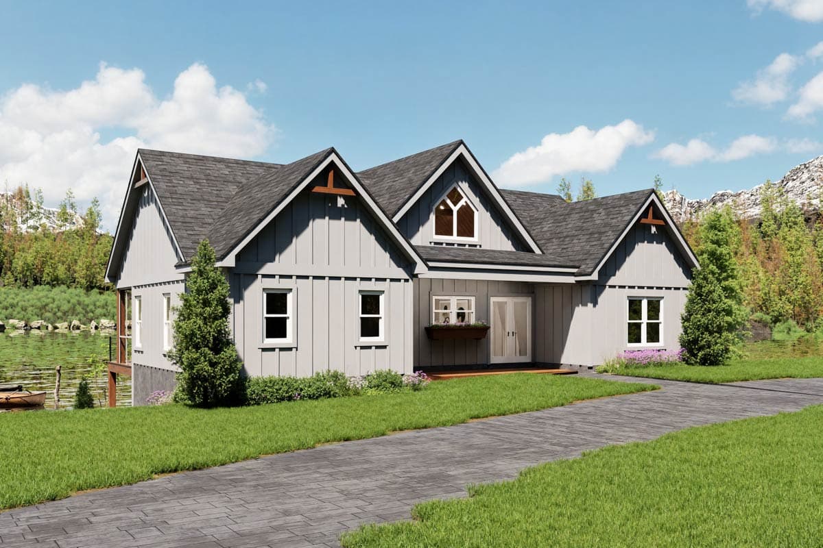 House plan exterior. Farmhouse style with multiple gables, a covered porch, and a dormer. Features include board and batten siding and a dark roof.