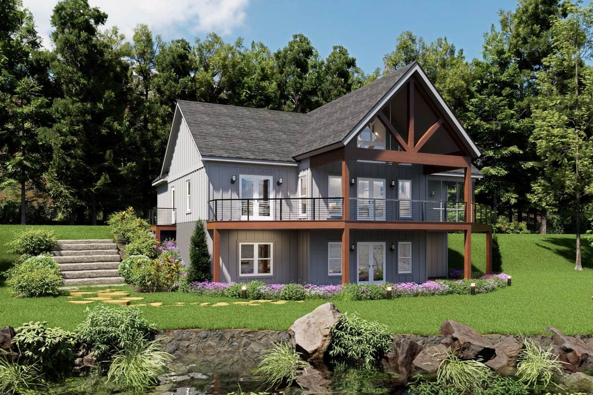 House plan exterior rendering of a two-story modern home with gabled roof, exposed beams, and wraparound balconies.