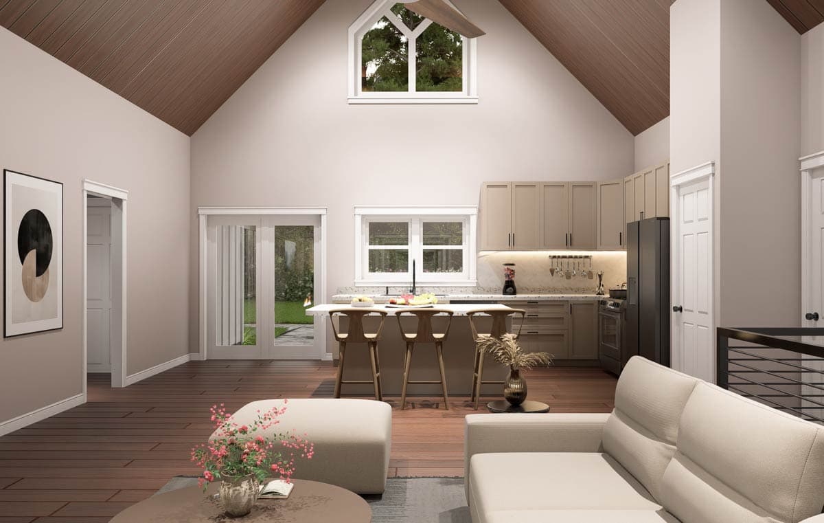 Interior rendering of an open-concept living space with vaulted wood ceiling, kitchen island, and ample windows.