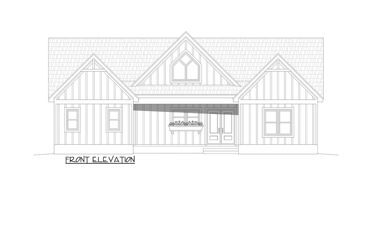 Front elevation drawing of a one-story house plan with a prominent gable, covered porch with double doors, and board-and-batten siding.