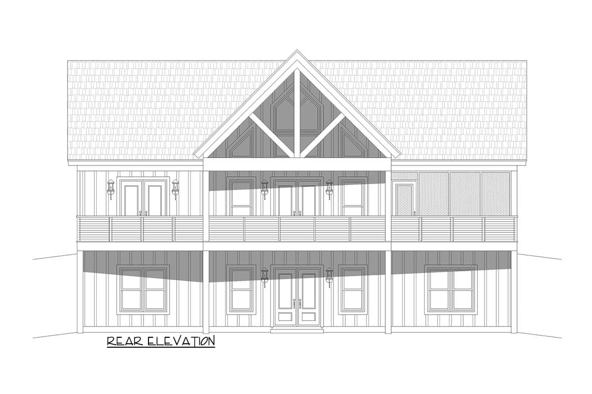 Rear elevation of a two-story house plan with a prominent gable, double balconies, and vertical siding.