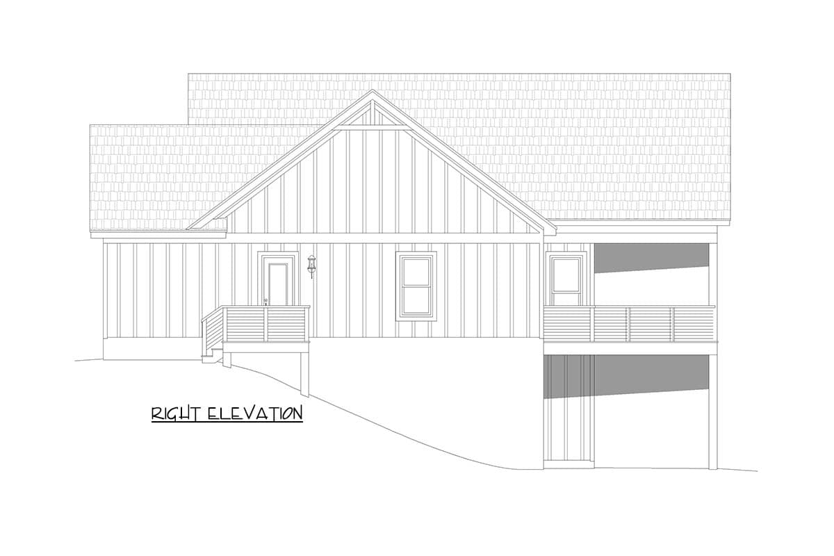Right elevation house plan with gabled roof, board and batten siding, porch, and deck.
