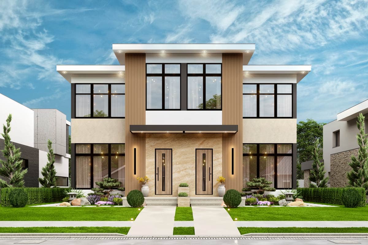 Modern house plan exterior: two stories, dual entrances, prominent vertical wood siding, and expansive windows.