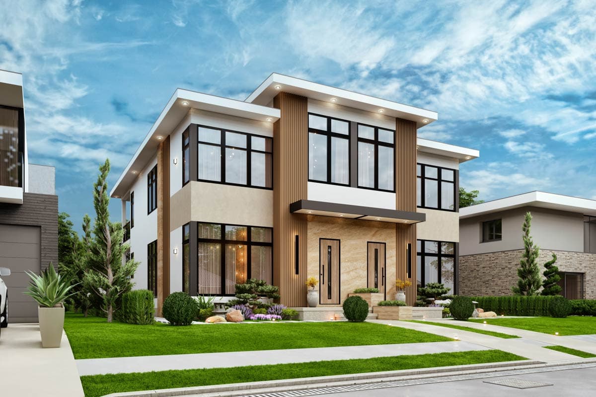 Modern two-story house plan exterior with flat roof, large windows, vertical wood siding accents, and covered entryway.