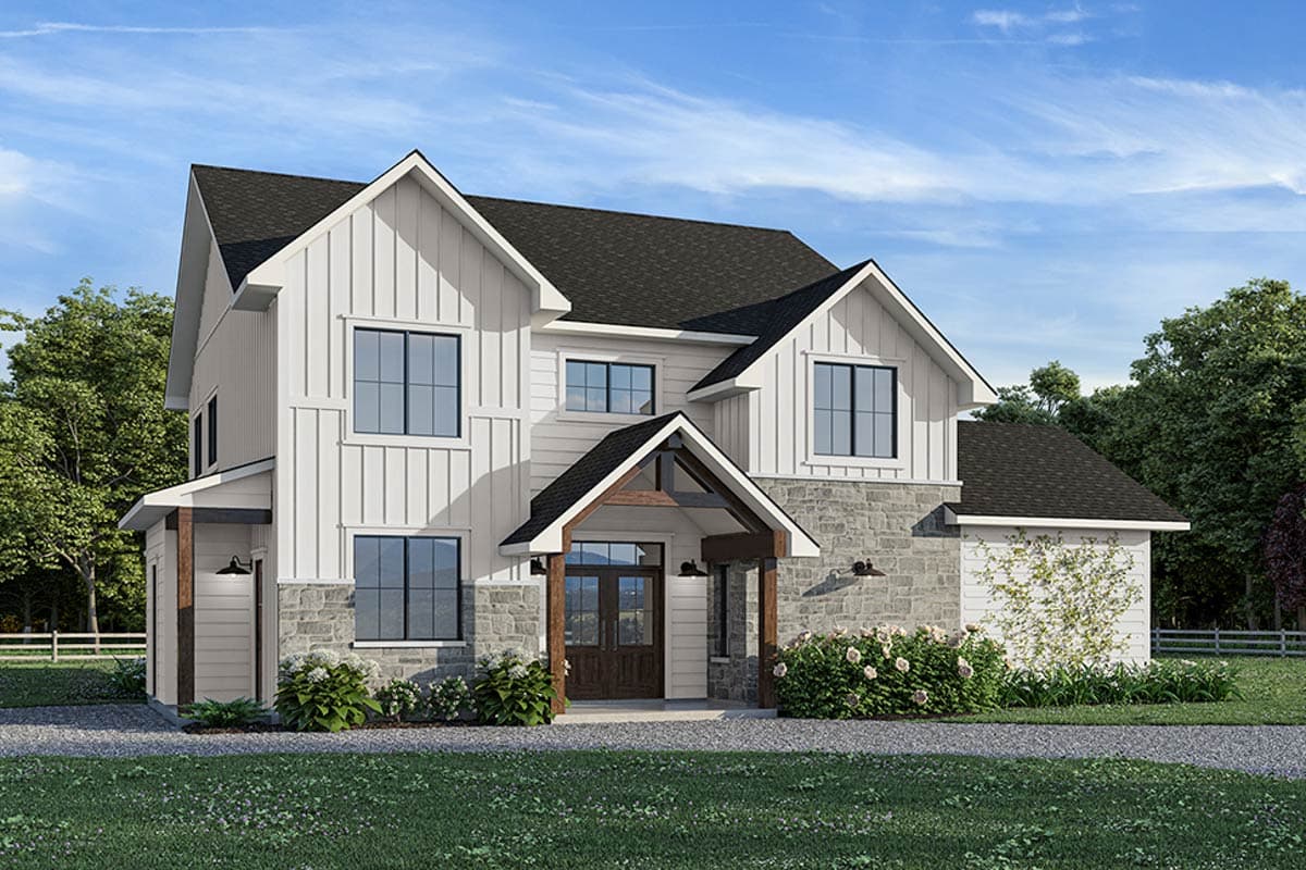 House plan exterior. Two-story Modern Farmhouse with board and batten siding, gables, a covered porch, and stone accents.