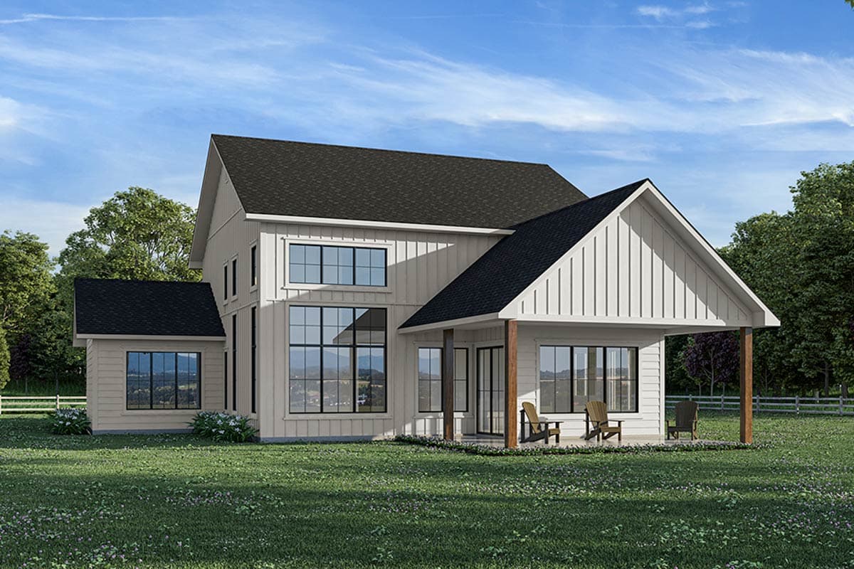 Modern Farmhouse style house plan exterior, two stories, featuring board and batten siding, large grid windows, and a covered porch.