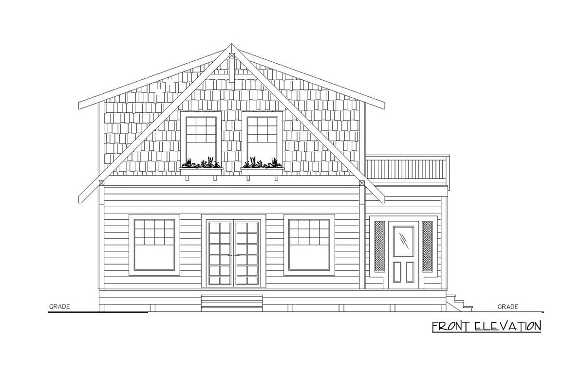 Front elevation drawing of a two-story house with double front doors, a side porch, and shingle-clad upper gable.