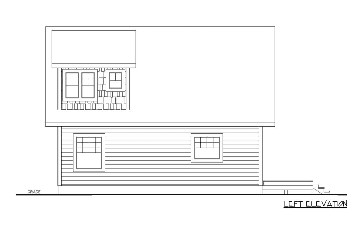 Left elevation of a house plan showing clapboard siding, two windows on the main level, and two windows with shingles above on the upper level.