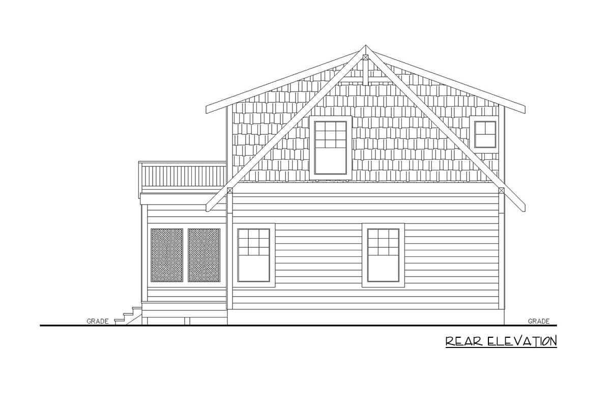 Rear elevation drawing of a two-story house plan with shingled gable ends, a dormer, and a balcony.