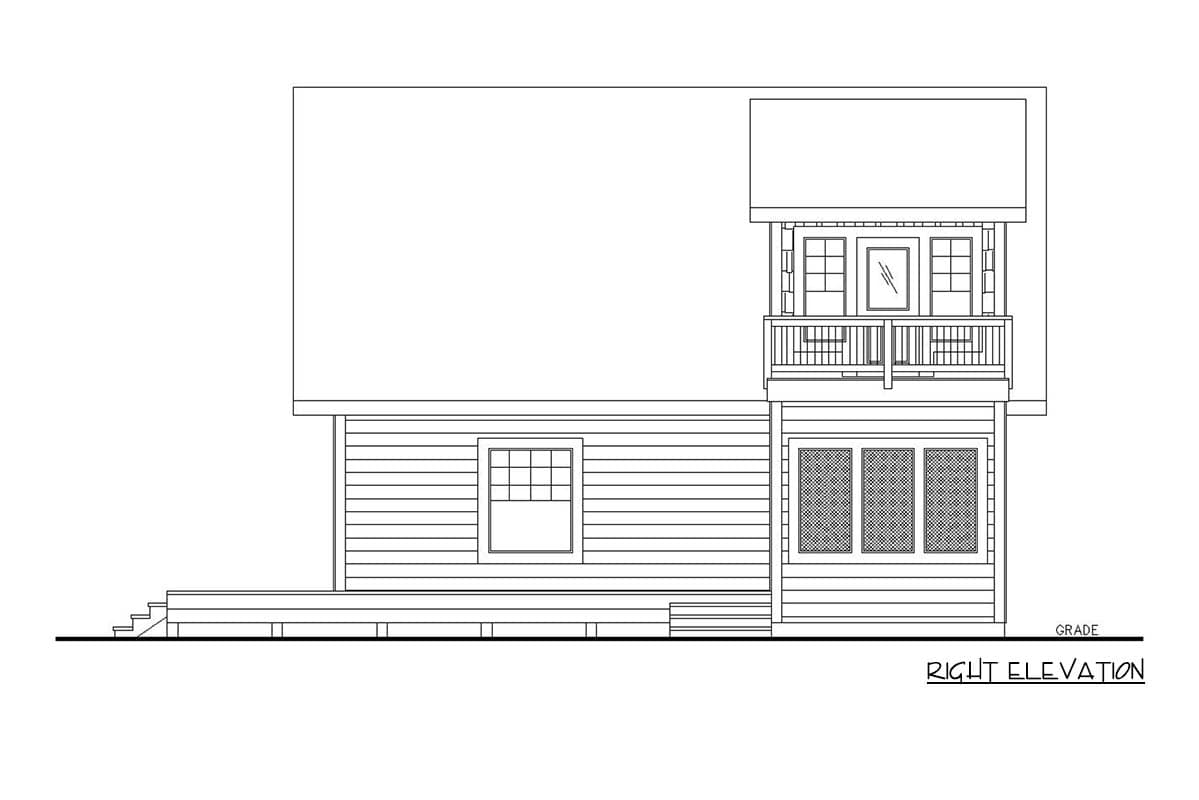 Right elevation drawing of a house plan with a deck, a window, and a second-story balcony with windows.