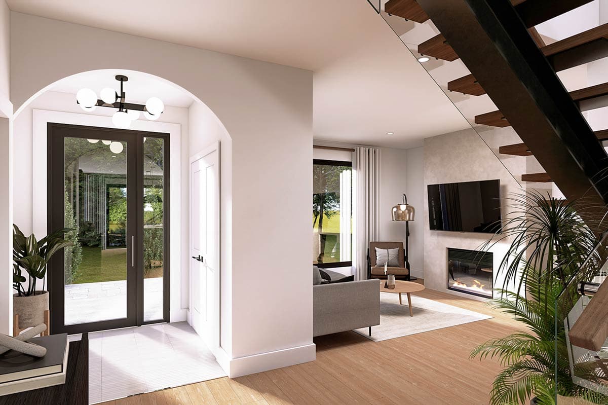 Modern house interior rendering: living area with fireplace, TV, sofa, armchairs, and open staircase with wooden treads.