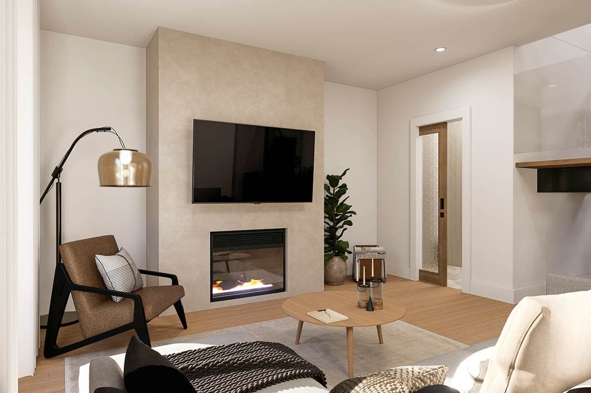 Living room rendering with modern fireplace, mounted television, armchair, coffee table, and sliding glass door.