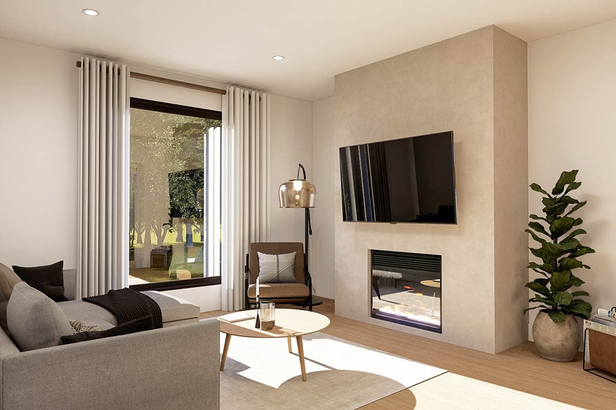 Modern living room interior rendering with sectional sofa, gas fireplace, mounted TV, and large window.