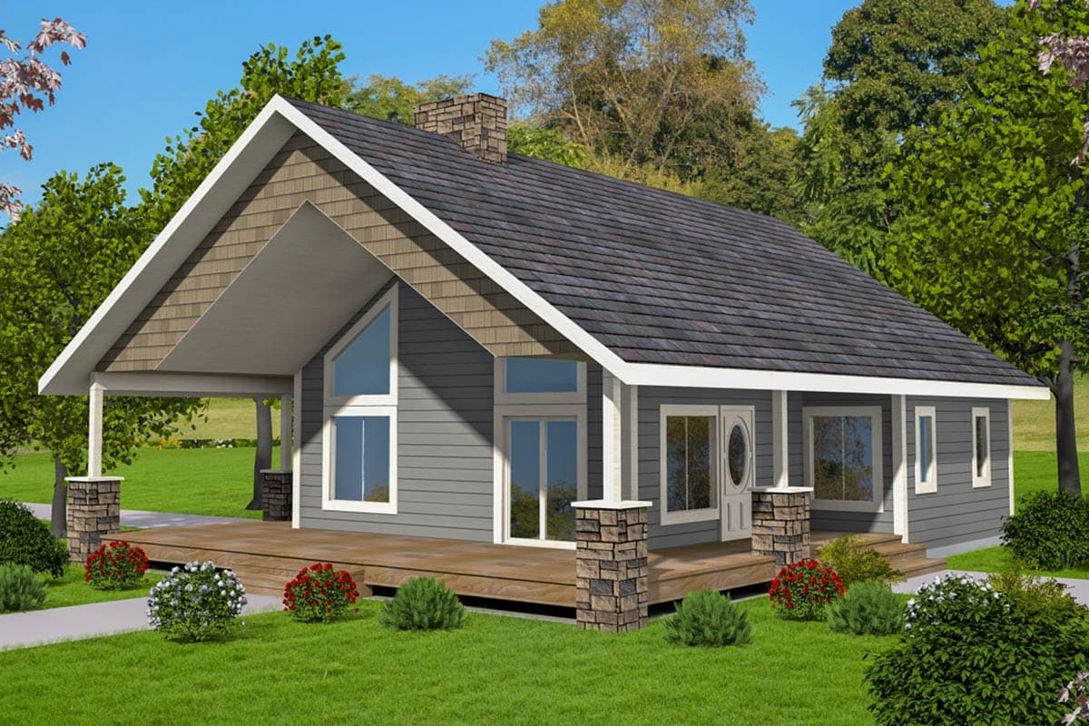 House plan exterior with a single story, gable roof, covered porch, and stone-clad columns supporting a high roofline with a chimney.