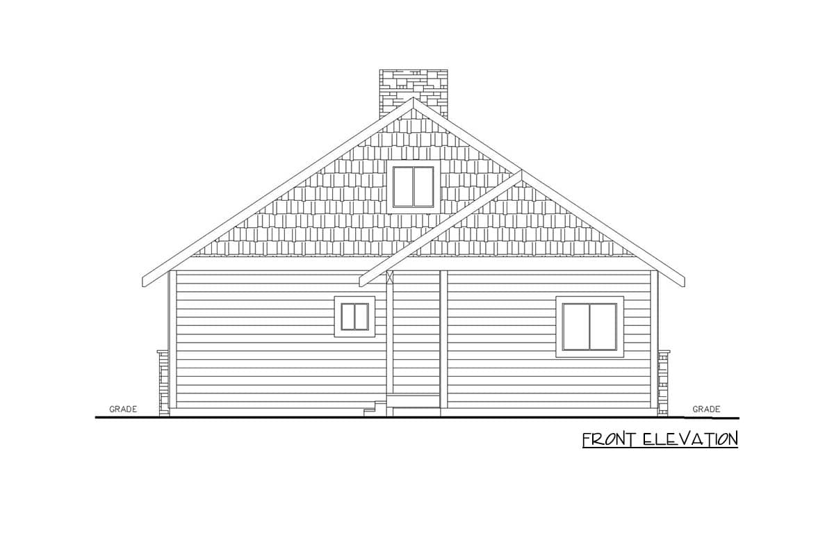 Front elevation drawing of a one-story house plan with horizontal siding, gable end with shingles, a prominent stone chimney, and two windows.