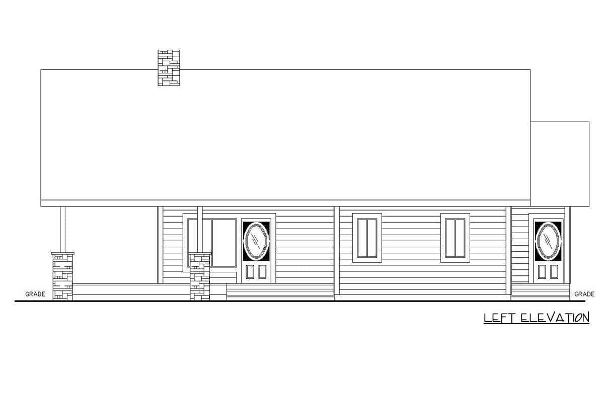 Left elevation house plan showing a single-story home with a covered porch, stone-accented columns, multiple windows, and a prominent chimney.