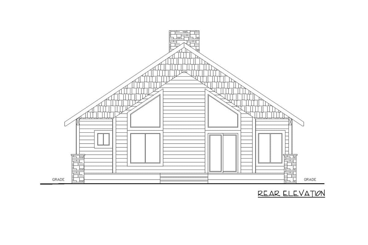 Rear elevation drawing of a house plan featuring a prominent gable roof, a stone chimney, and large triangular windows.