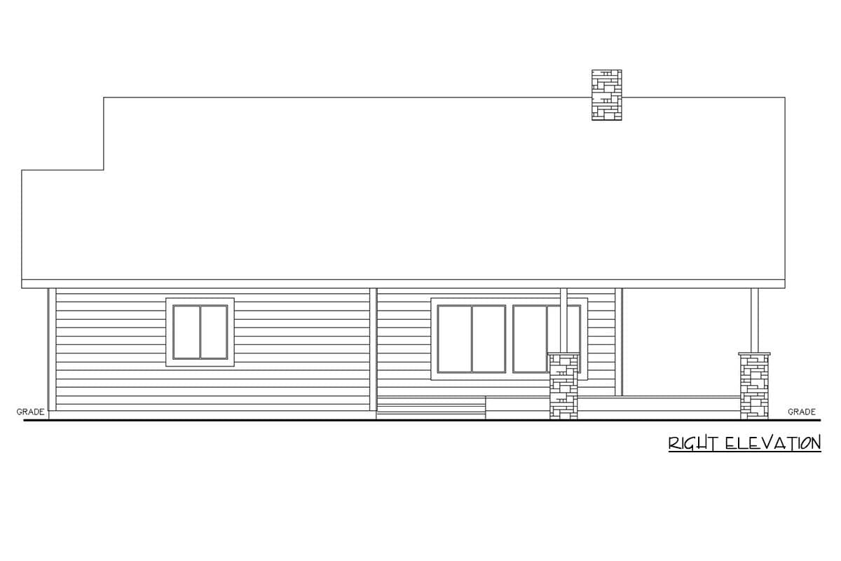 House plan right elevation showing a partial two-story structure with a porch, stone chimney, and horizontal siding.