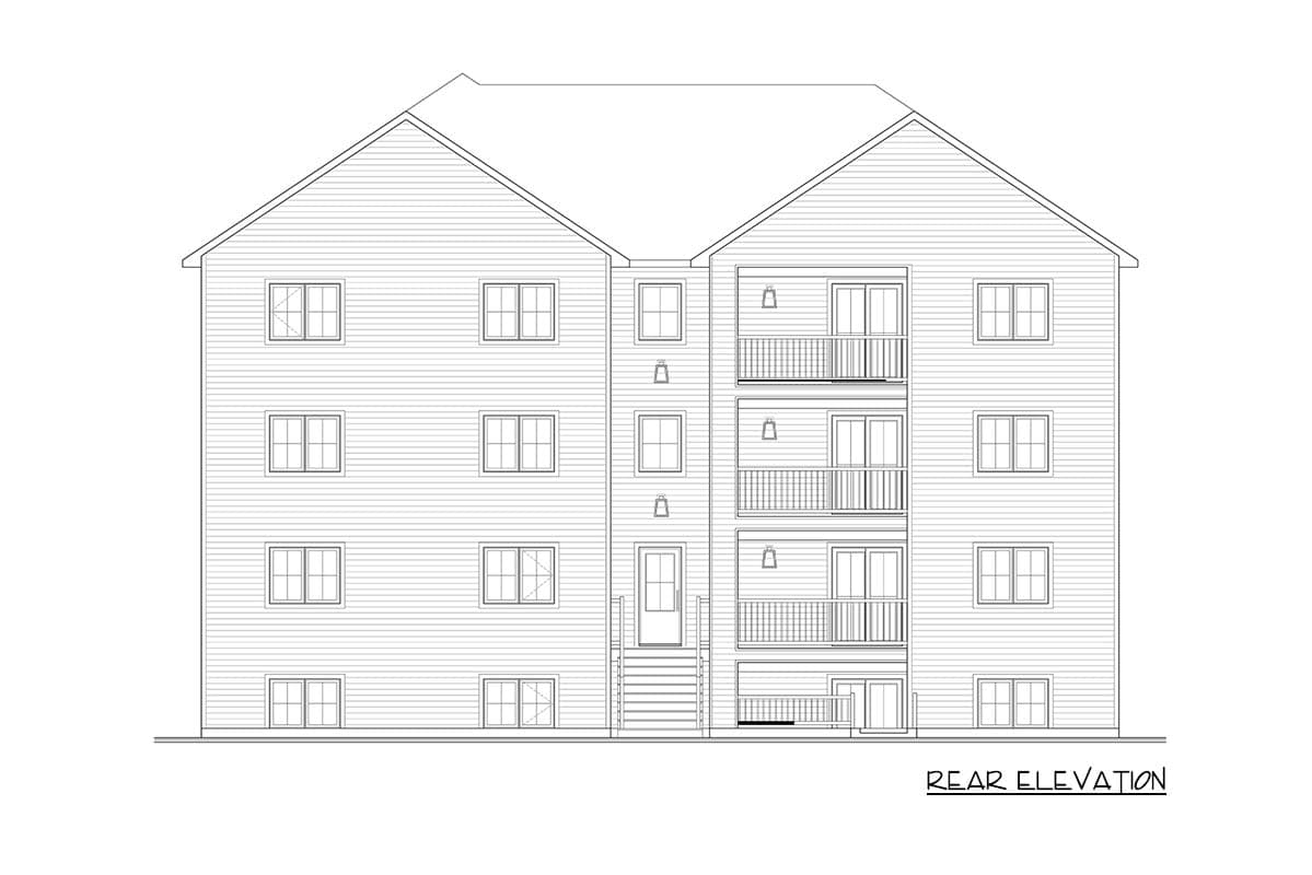 Rear elevation drawing of a three-story building with gabled roofs, multiple windows, and balconies.