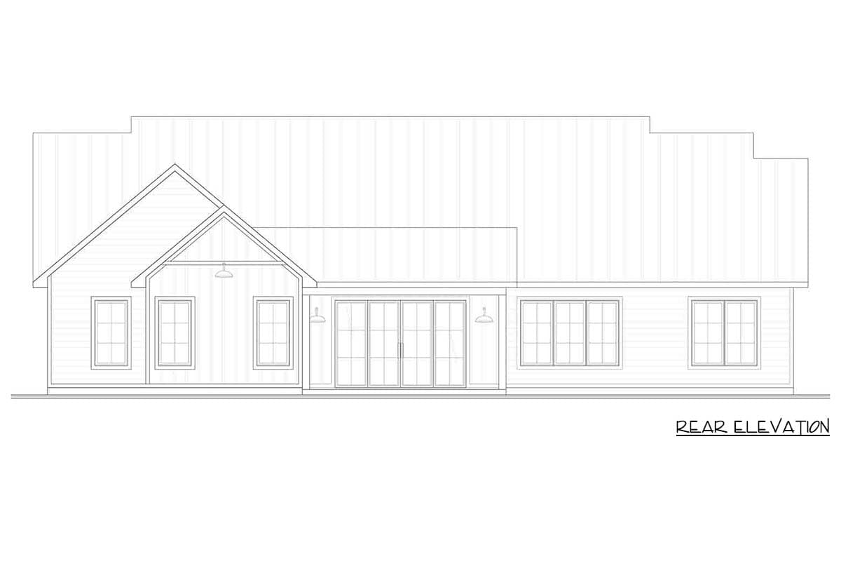 Rear elevation drawing of a house with gabled dormers, sliding glass doors, and multi-pane windows.