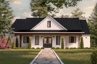 Modern Farmhouse House Plan with 3 Beds, Cathedral Living and Office