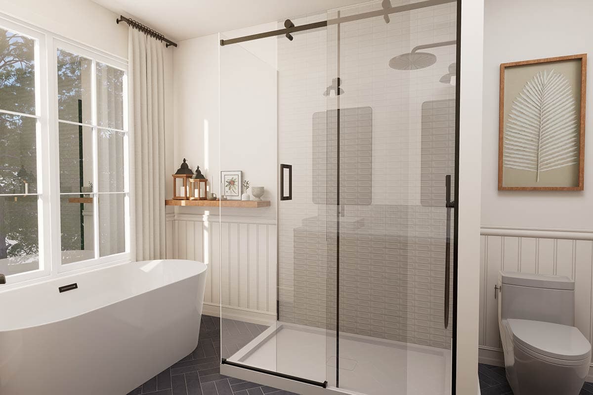 Bathroom interior rendering with freestanding tub, glass-enclosed shower with dual showerheads, and modern toilet.