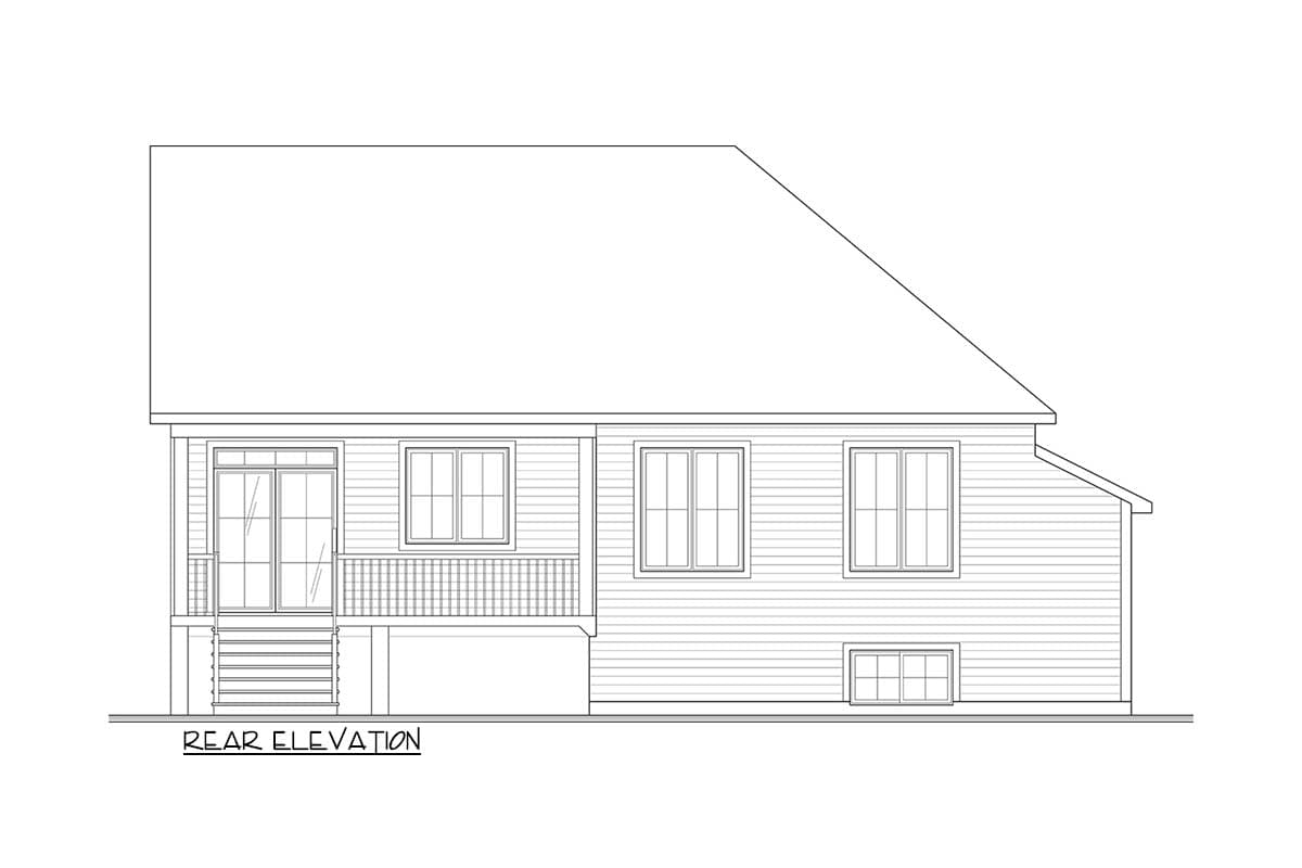 Rear elevation drawing of a house plan featuring double doors, a porch, and multiple windows.