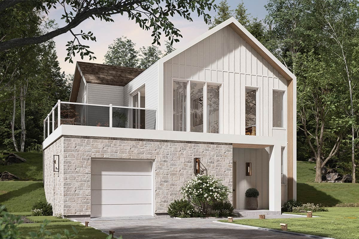 House plan exterior with two stories, board and batten siding, stone veneer, and a gable roof with a balcony.
