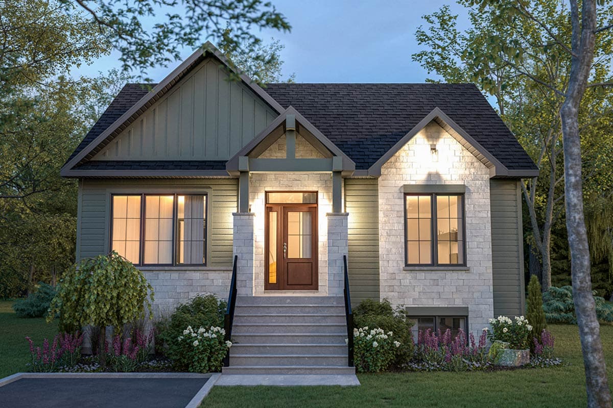 House plan exterior featuring a covered entry with double doors, gables, and mixed siding.