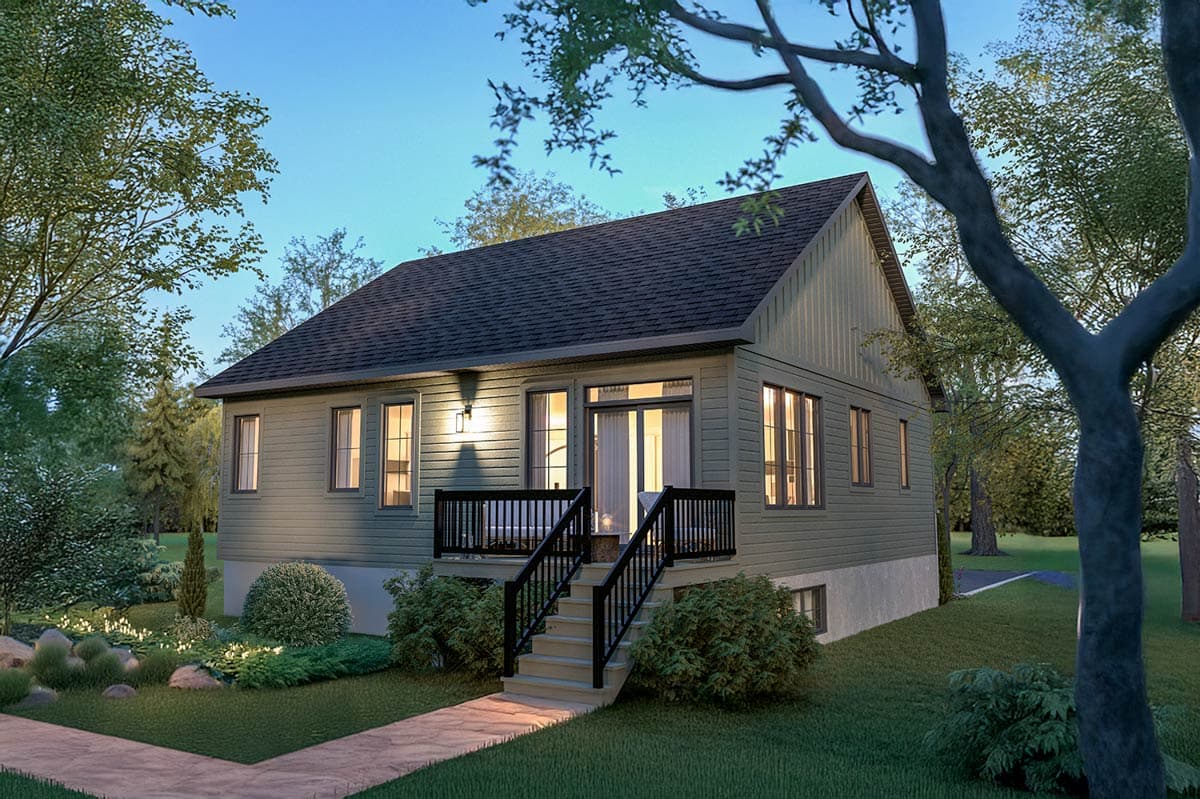 House plan exterior: Two-story home with gabled roof, vertical siding, raised deck with stairs, and multiple windows.