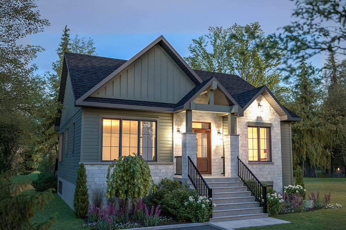House plan exterior: Modern Farmhouse style, one-story home with gabled roof, stone base, siding walls, and covered front porch.