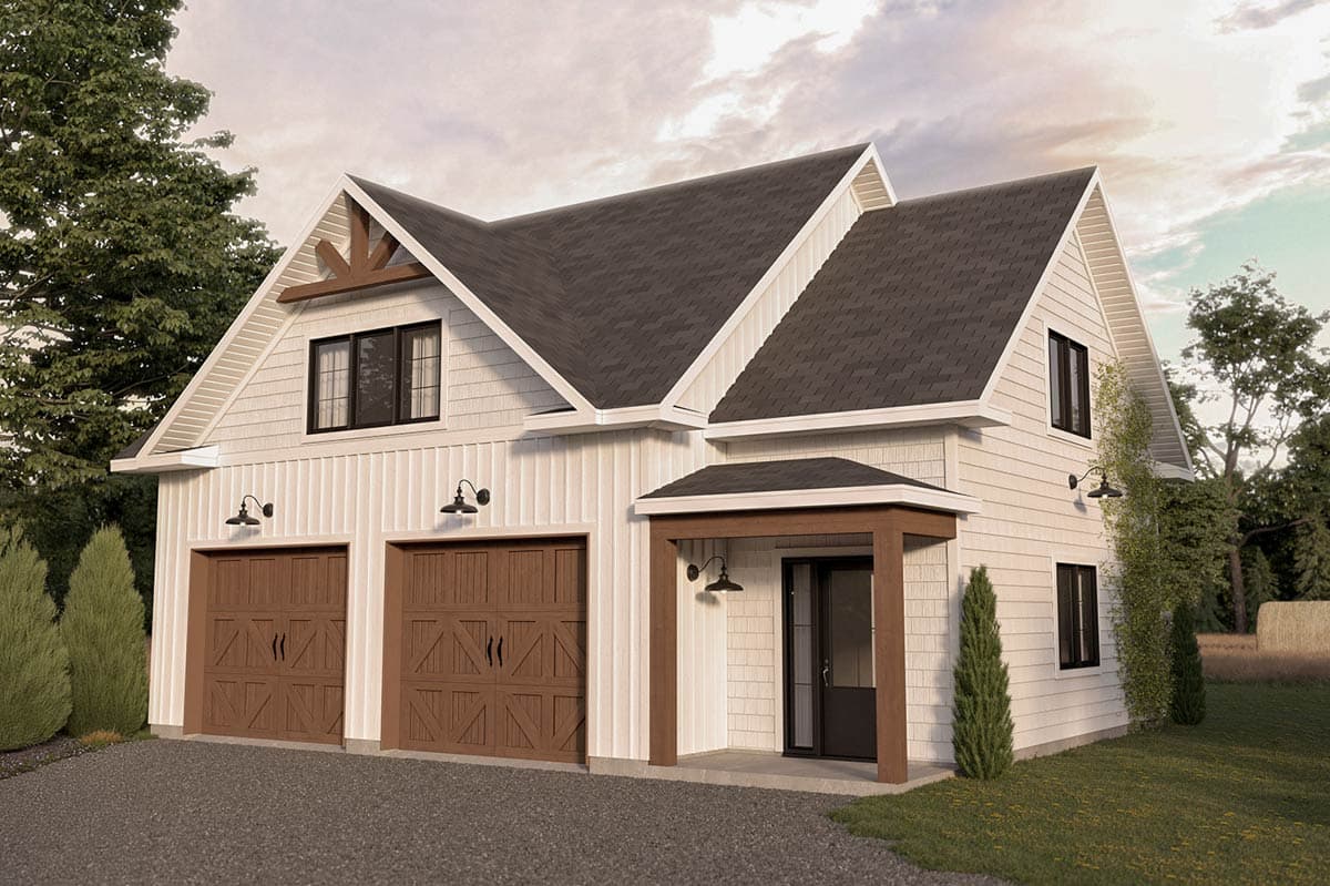 House plan exterior with two-car garage, gabled roof, white siding, and exposed wood beam accents.