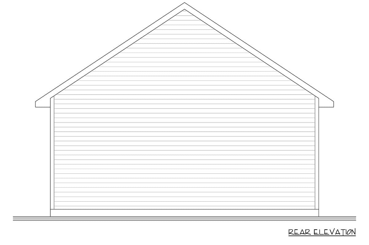 Rear elevation drawing of a house plan showing horizontal siding and a gable roofline.