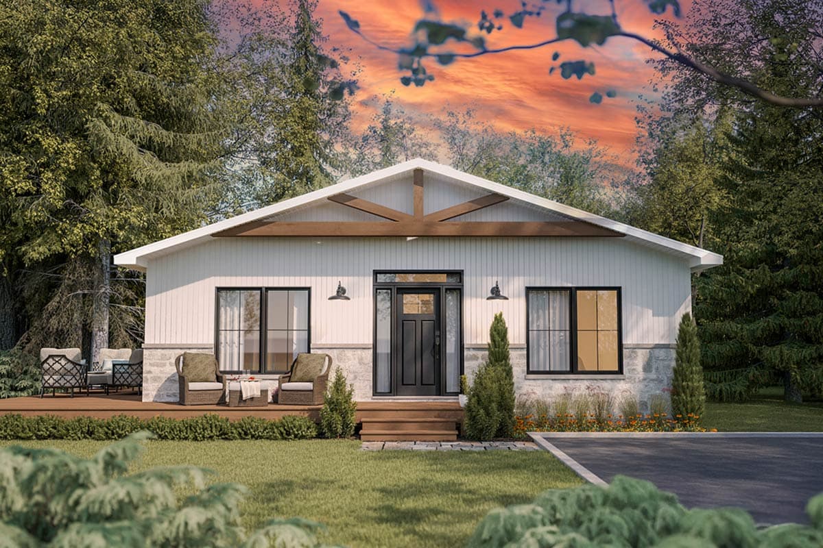 House plan exterior with gable roof, exposed timber detailing, and front porch. Features include stone accents and black framed windows.