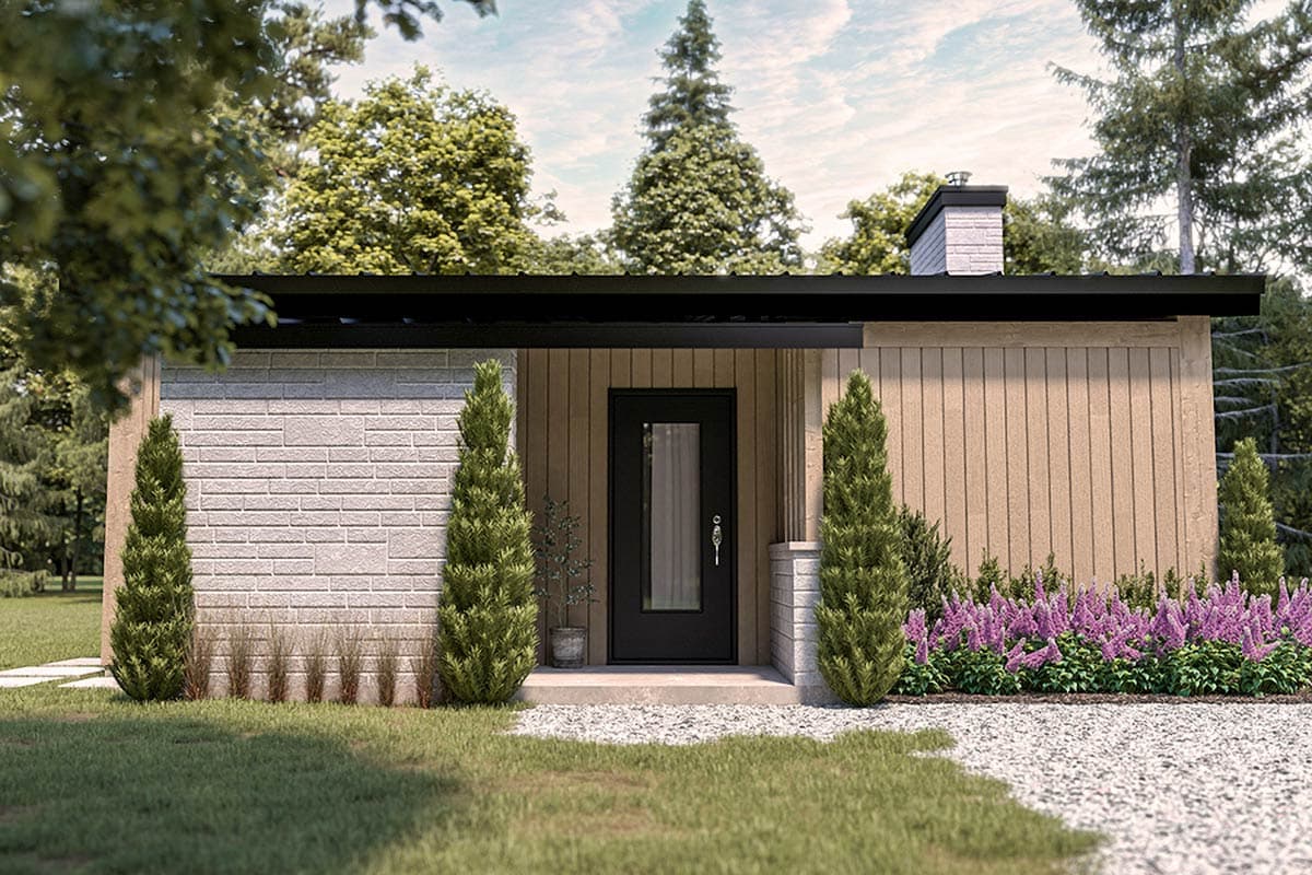 Mid-century modern house plan exterior with horizontal siding, brick veneer, flat roof, and prominent chimney.