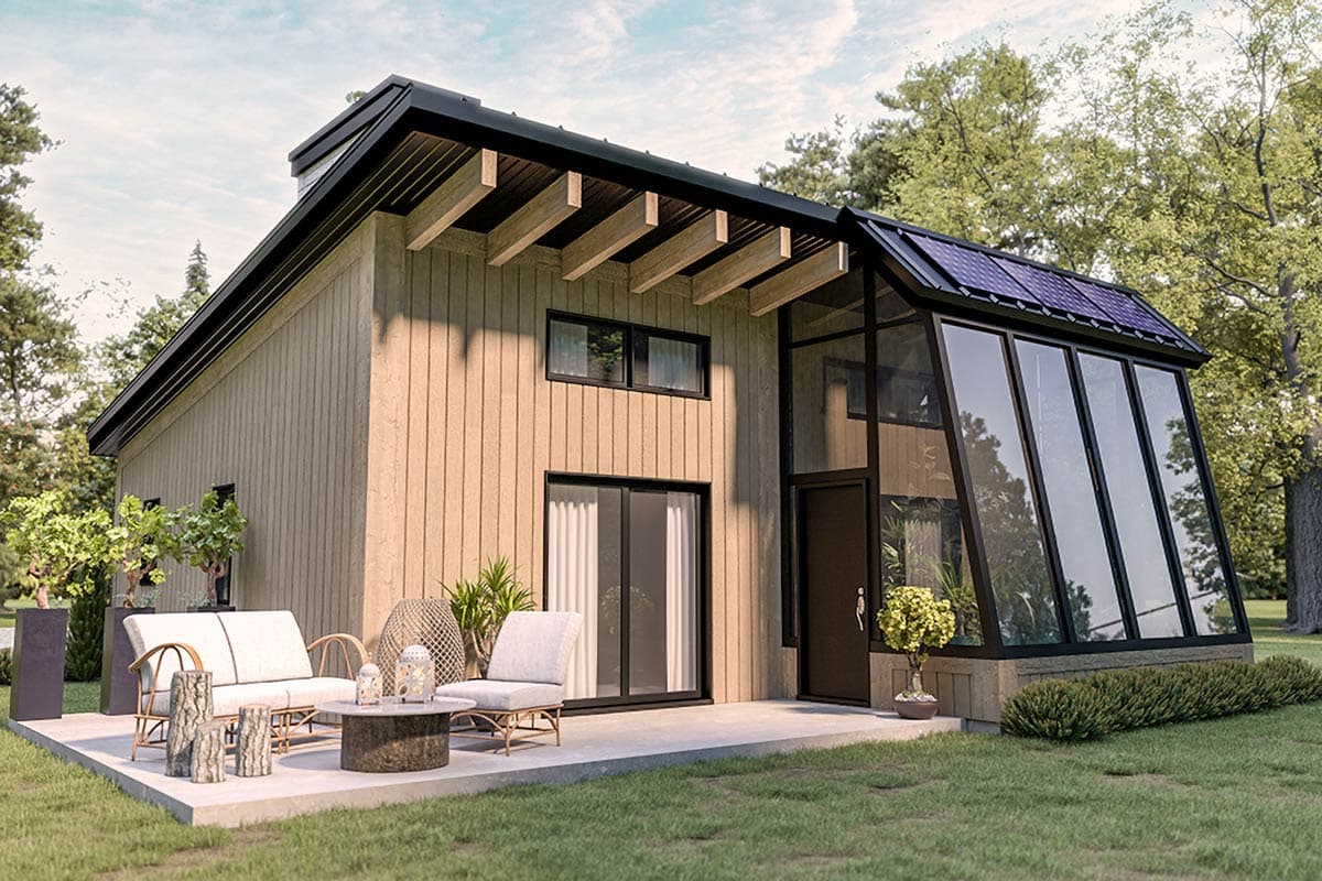 House plan exterior with two stories. Features include a modern design, exposed beams, and a sunroom with large windows and a gable roof.