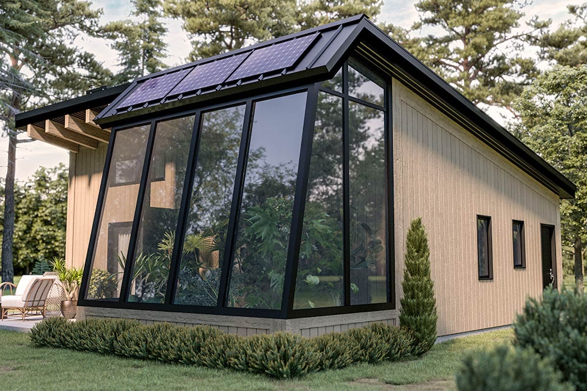 Modern house plan exterior with a tall glass solarium, metal roof with solar panels, and light wood siding.
