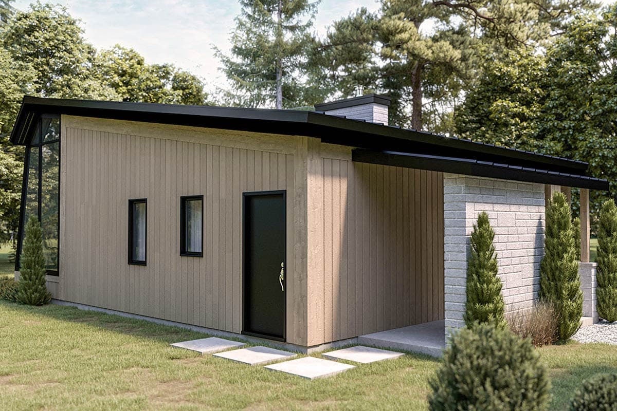 Modern house plan exterior with vertical siding, pitched roof, large corner window, and brick accent wall.